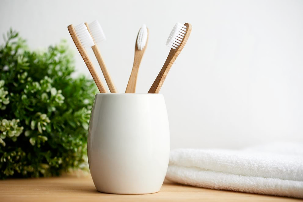 Brosses à dents en bambou dans un gobelet à côté d'une serviette et d'une plante, salle de bain