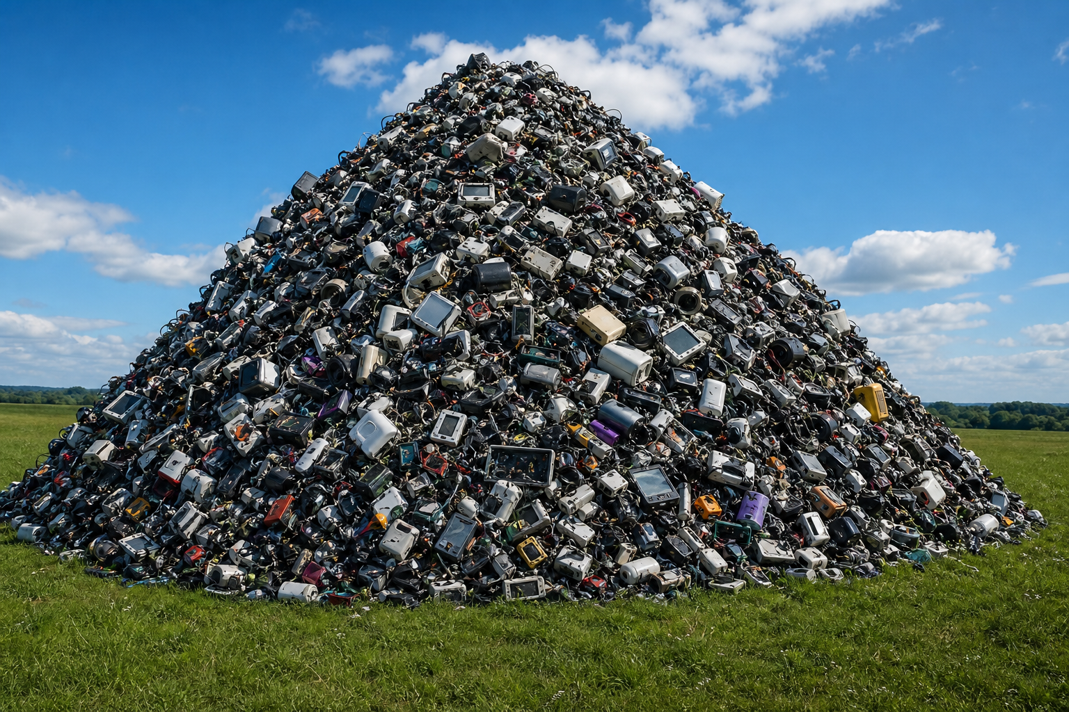 großer Haufen mit Elektroteilen auf einer Wiese (AI-generated image)