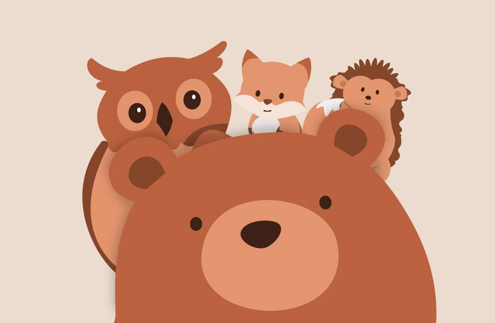 lavera Babyclub animaux, l'ours, le hibou, le renard et le hérisson