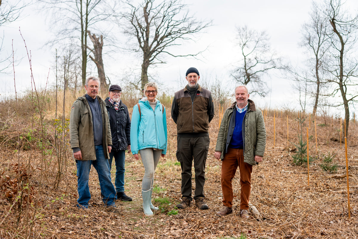 Fünf Personen stehen auf einem Hügel von Bäumen und Laub umgeben