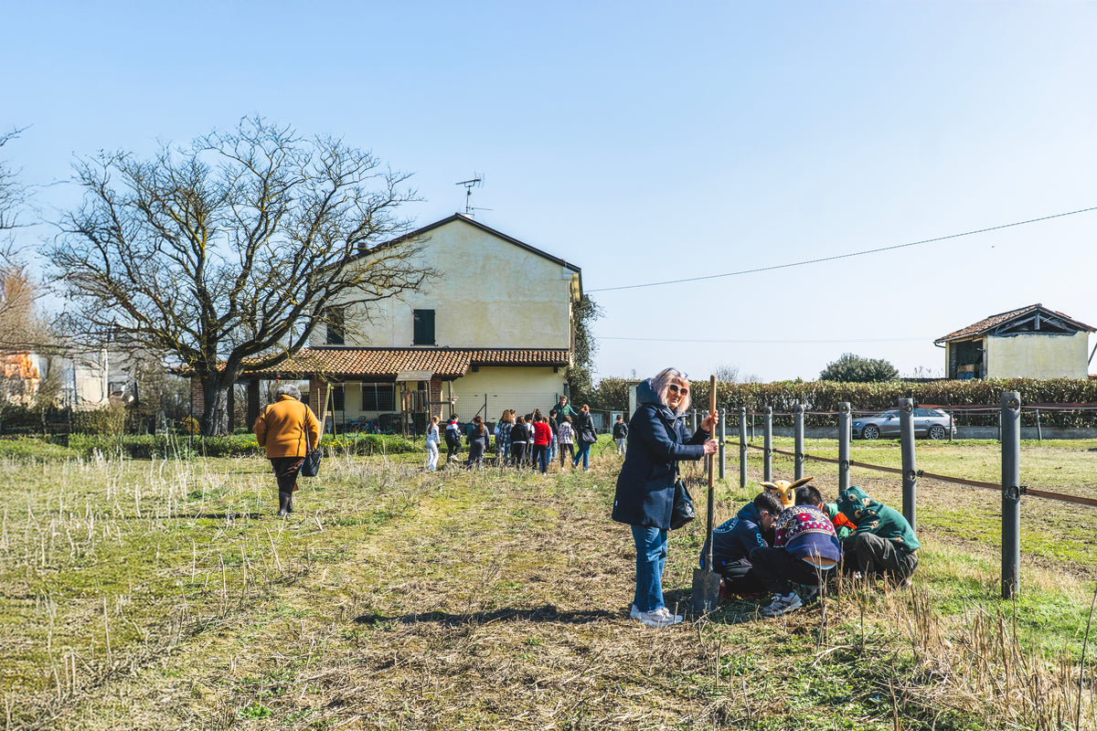 Mehrere Menschen pflanzen Bäume vor einem Haus bei blauem Himel