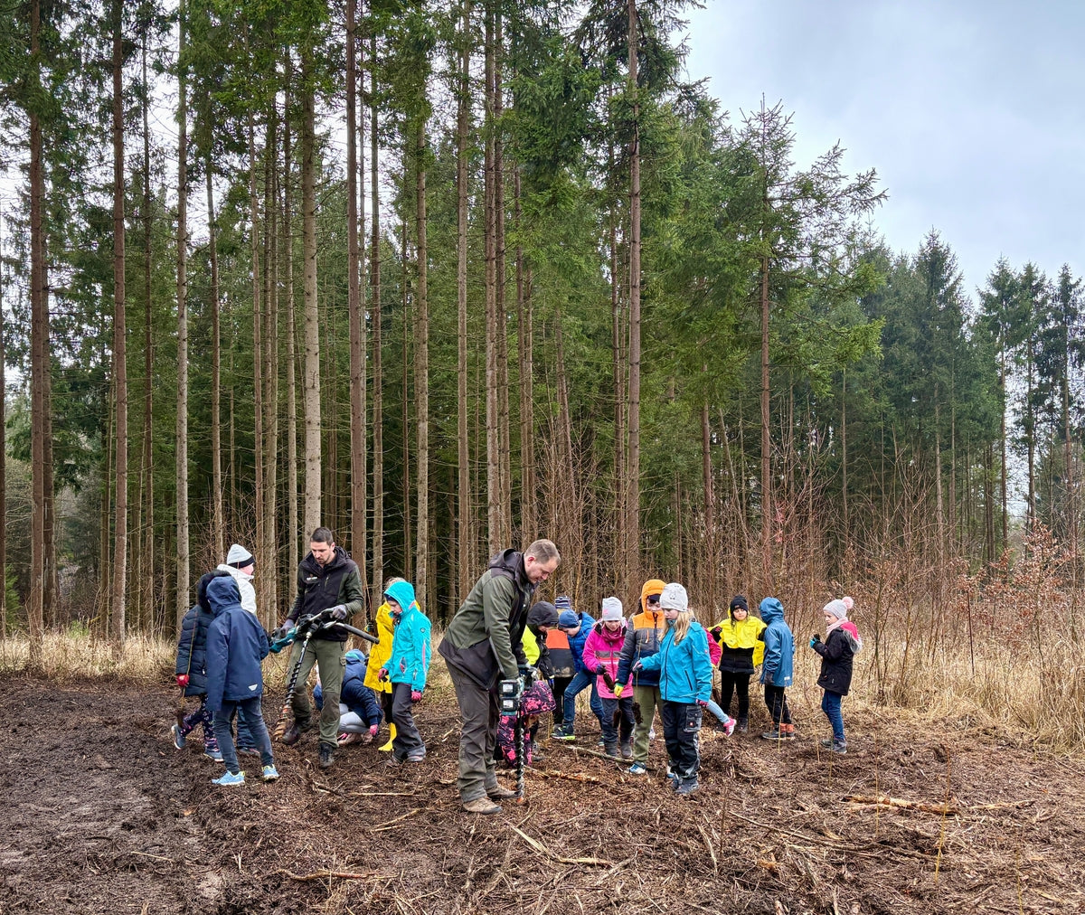 Gruppe aus Erwachsenen und Kindern in bunten Jacken steht im Wald und flanzt Bäume