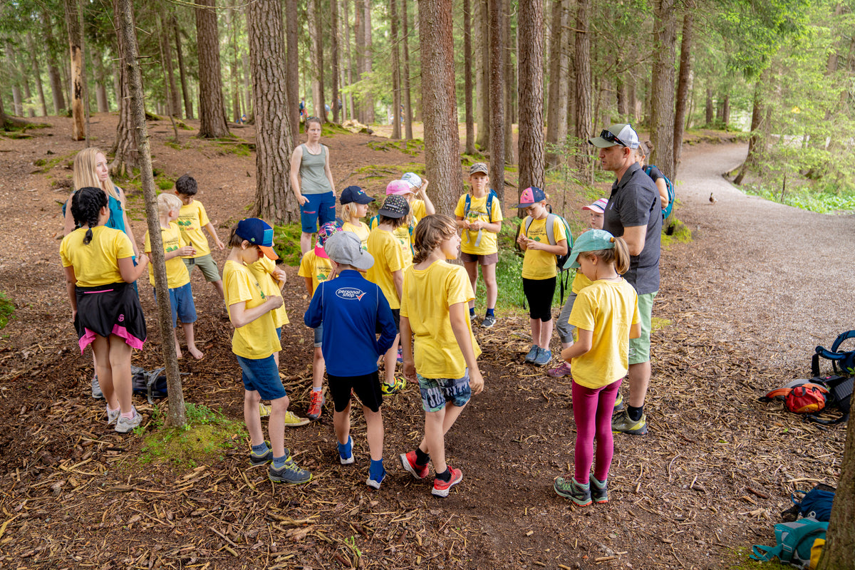 Gruppe aus zwei Erwachsenen und Kindern steht im Walf zwischen hohen Bäumen